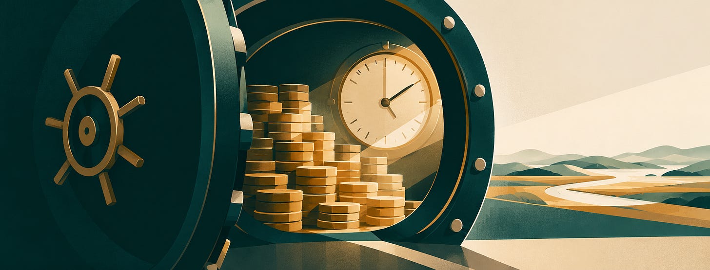 A large dark teal vault stands open, revealing stacks of golden coins beneath an oversized cream clock. Warm light spills from the vault across an abstract landscape of winding waterways and distant hills, symbolising the need to move philanthropic wealth into action before time runs out.