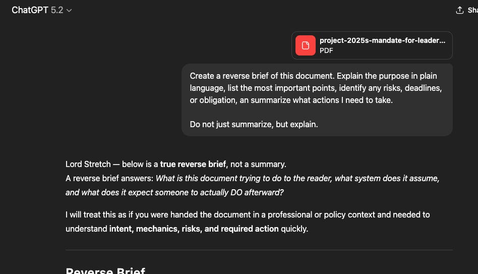 Reverse Brief - Project 2025 - Lord Stretch's Substack