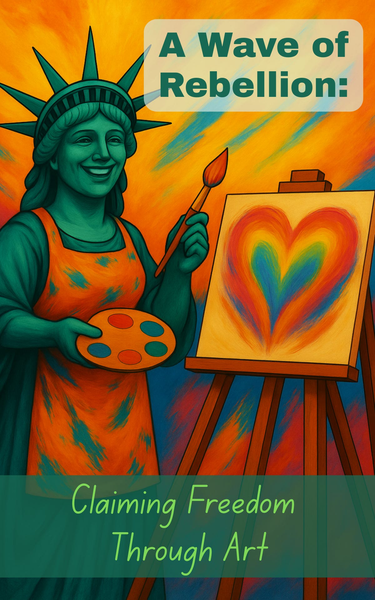 “Painting Freedom” — a vibrant digital illustration of the Statue of Liberty reimagined as an artist. She wears her traditional robe and crown with a paint-splattered apron, smiling joyfully as she paints a radiant rainbow heart on an easel. A colorful glow radiates around her crown, symbolizing creativity, hope, and freedom. “Painting Freedom” — a vibrant digital illustration of the Statue of Liberty reimagined as an artist. She wears her traditional robe and crown with a paint-splattered apron, smiling joyfully as she paints a radiant rainbow heart on an easel. A colorful glow radiates around her crown, symbolizing creativity, hope, and freedom.