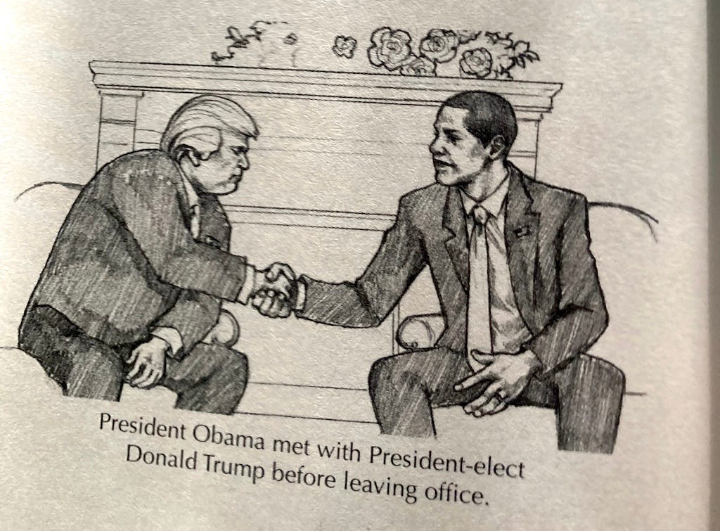 Barack Obama shaking hands with Donald Trump. The peaceful transfer of power from one administration to the next.