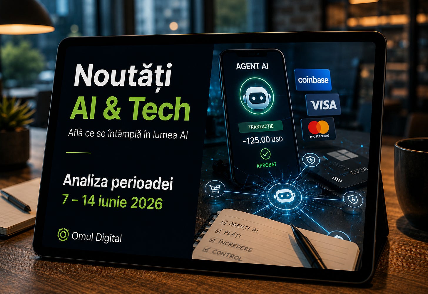 Tabletă cu un cover Omul Digital pentru Noutăți AI & Tech, ilustrând agenți AI care intră în zona plăților și tranzacțiilor digitale, unde controlul, aprobările și siguranța financiară devin miza principală.
