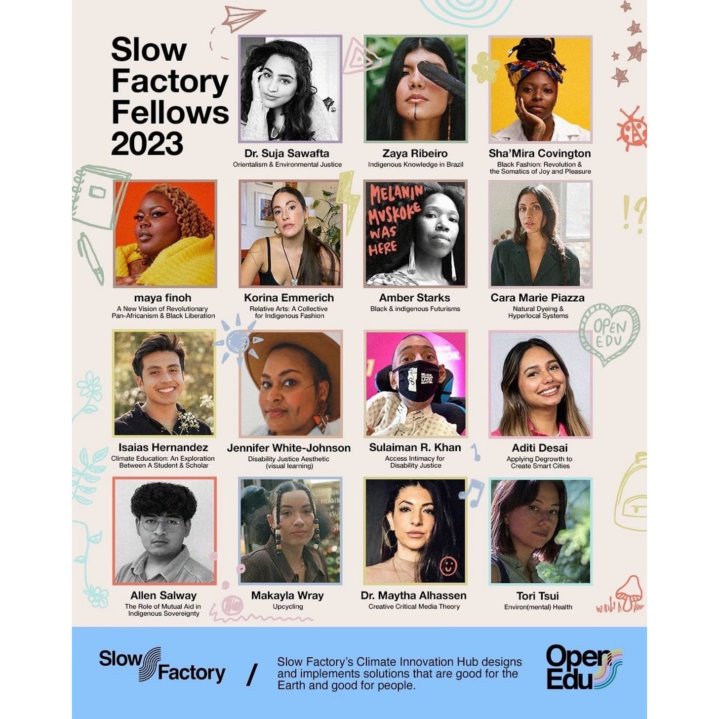 IMAGE DESCRIPTION 1: A page from the imaginary Slow Factory Yearbook featuring the “Slow Factory Fellows 2023”, written in bold, black text in the top left corner. The header makes way for grids of photos of each of the Slow Factory Fellows, a colourful collage of individuals participating in specific areas of study with the support of the Slow Factory. Hand-drawn doodles (maybe notes from a friend) in various pastels sprinkle the page, some overlapping the photographs. The bottom, blue portion of the graphic serves as the footer and houses a black Slow Factory logo with accompanying text that reads: “Slow Factory’s Climate Innovation Hub designs and implements solutions that are good for the Earth and good for people.” To the right, a black Open Edu logo with rainbow “S”.