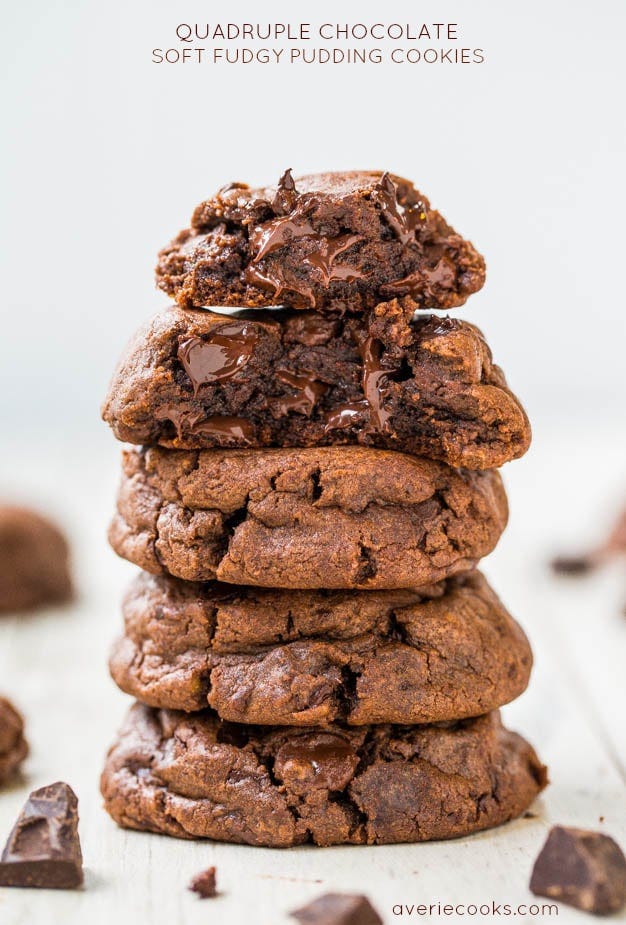 Quadruple Chocolate Soft Fudgy Pudding Cookies - For true chocolate lovers, these super soft cookies are loaded with chocolate! Quadruple Chocolate Soft Fudgy Pudding Cookies - For true chocolate lovers, these super soft cookies are loaded with chocolate!