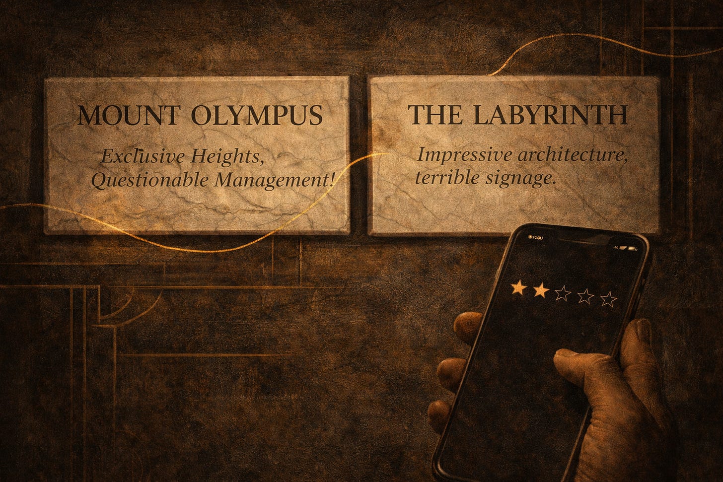 Oil-painted marble plaques reading “Mount Olympus: Exclusive Heights, Questionable Management!” and “The Labyrinth: Impressive architecture, terrible signage,” while a hand holds a smartphone selecting star ratings, connected by a thin gold thread under dramatic warm lighting. Oil-painted marble plaques reading “Mount Olympus: Exclusive Heights, Questionable Management!” and “The Labyrinth: Impressive architecture, terrible signage,” while a hand holds a smartphone selecting star ratings, connected by a thin gold thread under dramatic warm lighting.