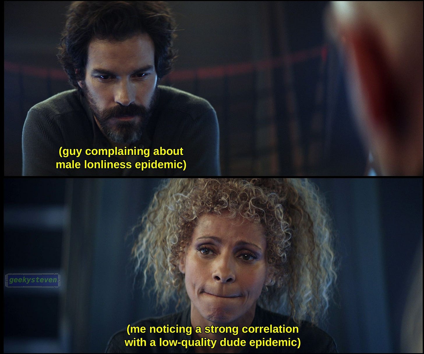 Captain Rios from Star Trek Picard looking sad and labeled "(guy complaining about male loneliness epidemic)" second panel is Raffi biting her lip and labeled "(me noticing a strong correlation with a low-quality dude epidemic)"
Captain Rios from Star Trek Picard looking sad and labeled "(guy complaining about male loneliness epidemic)" second panel is Raffi biting her lip and labeled "(me noticing a strong correlation with a low-quality dude epidemic)"