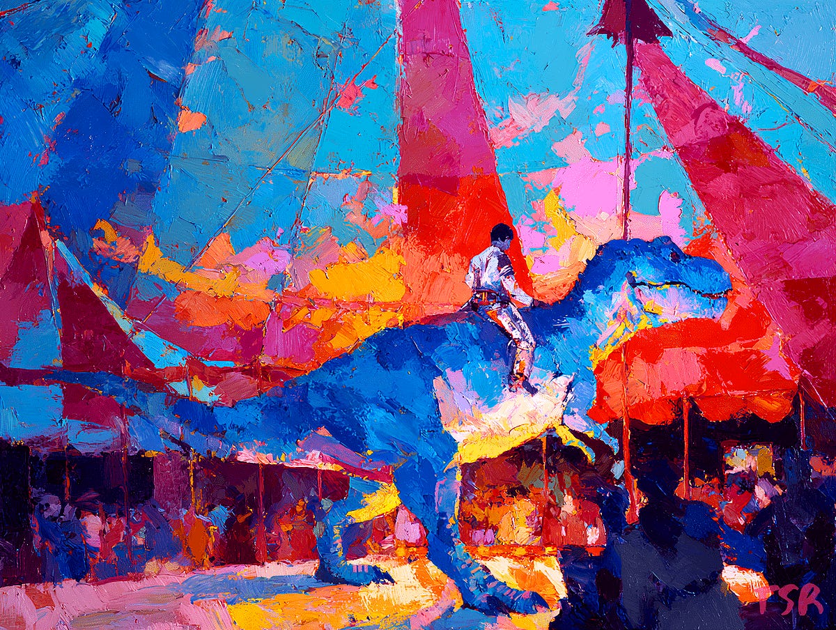A boy atop a dinosaur in a circus arena, surrounded by bright colors and a sense of thrilling fantasy.