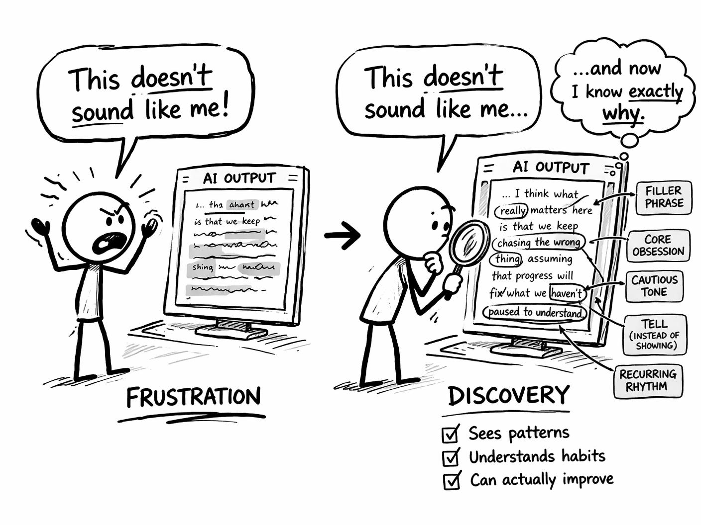Side-by-side comparison of two responses to AI output that doesn't match your voice: frustration (rejecting it) versus discovery (analyzing exactly where and why it diverges to map your own writing patterns).