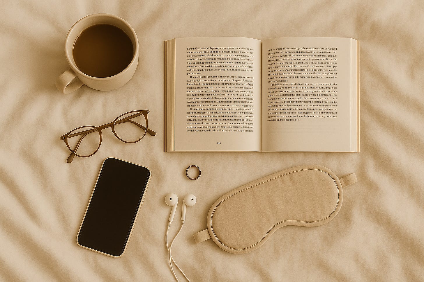 Flat lay minimalista com itens que simbolizam um dia equilibrado, em estilo clean e cores neutras, transmitindo paz e descanso.