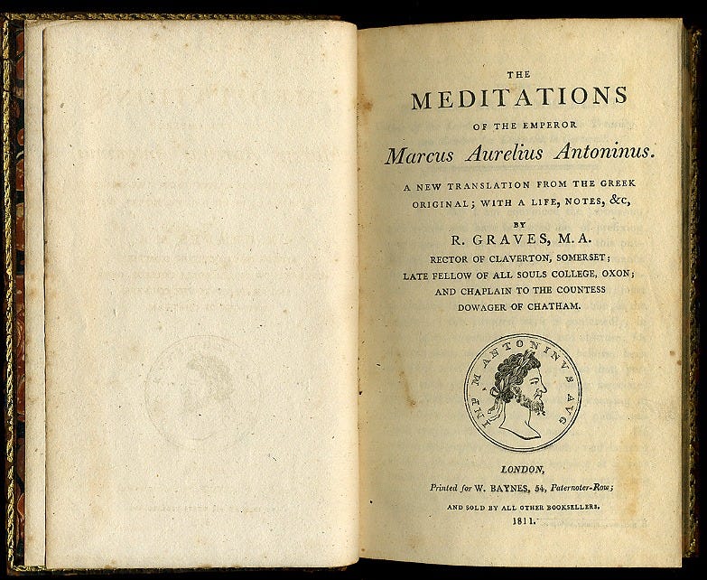 Titlepage of an 1811 edition of Meditations by Marcus Aurelius Antoninus, translated by R. Graves Titlepage of an 1811 edition of Meditations by Marcus Aurelius Antoninus, translated by R. Graves