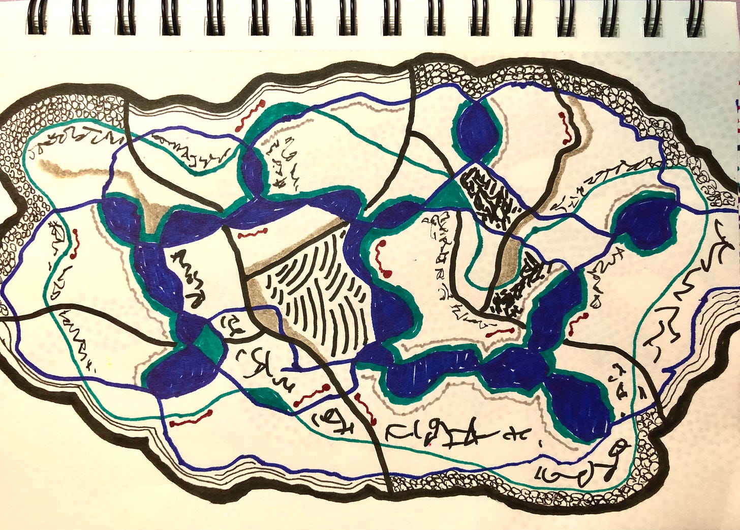 Artwork on sketch paper combining organic flowing shapes with geometric elements, using blue, green, and black colours along with handwritten text or symbols integrated throughout the composition.