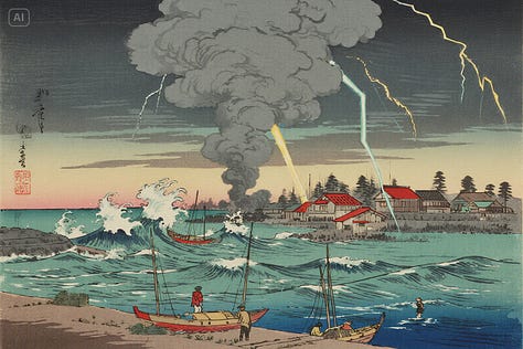 "Hand‑painted ukiyo‑e woodblock print of a thunderstorm approaching a small fishing village, traditional Japanese color palette." - by GPT-4o, Imagen 4, and Seedream 3.0 image models