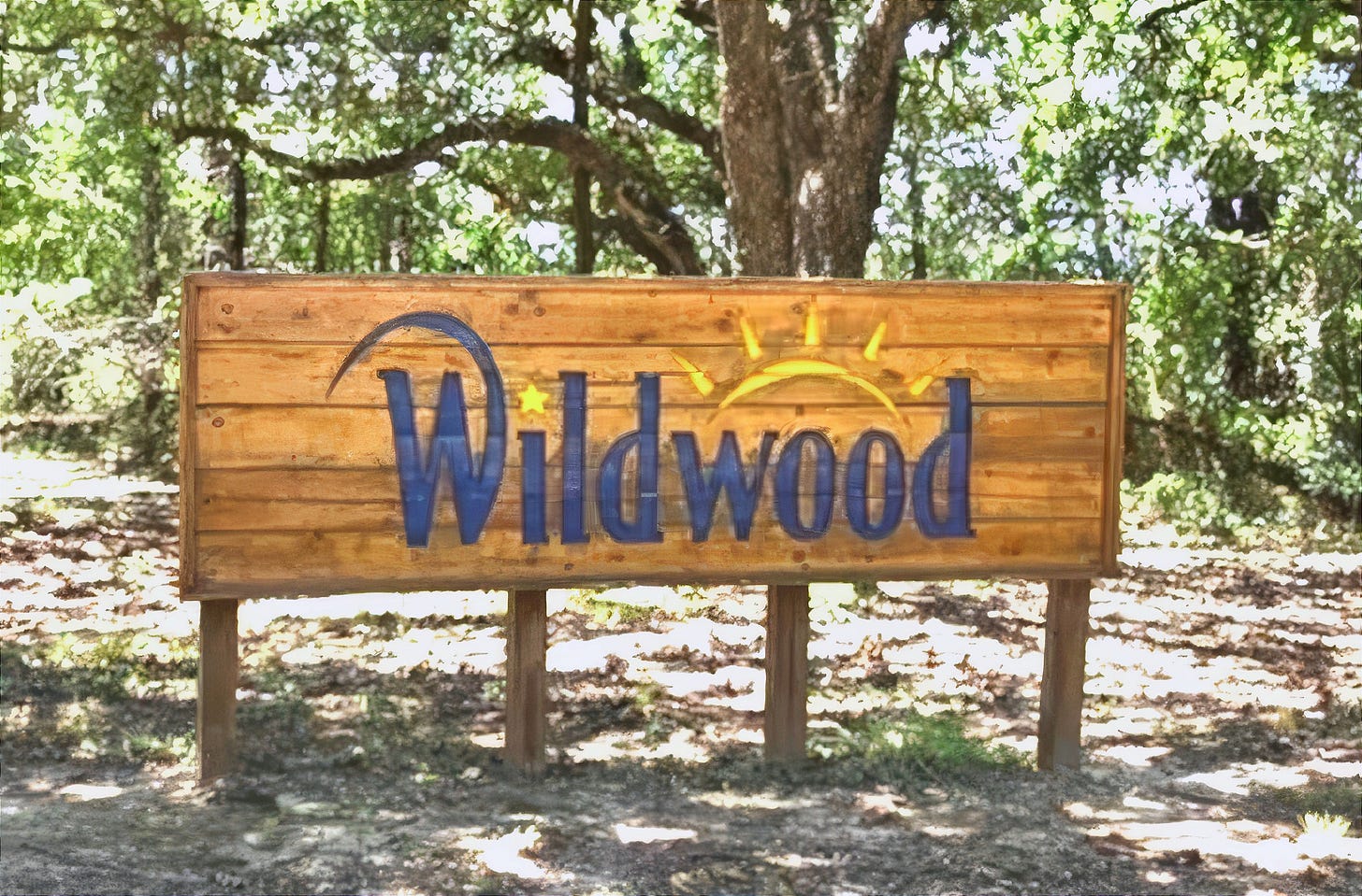 A wooden roadside sign for Wildwood Naturist Resort, painted with the word “Wildwood” in blue letters and a yellow sun rising over the text, set against a backdrop of leafy oak trees.