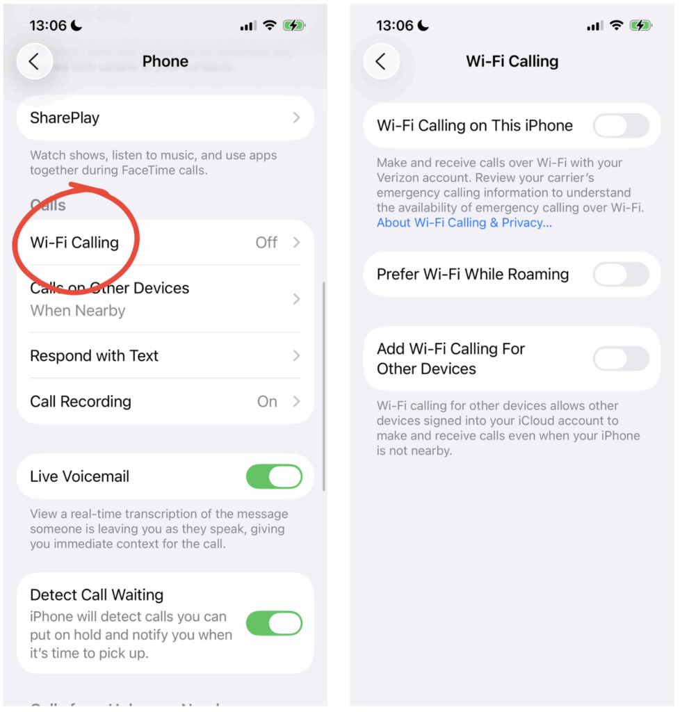 Screenshot of iPhone WiFi Calling settings showing how to disable the feature to fix missing two-factor authentication codes.