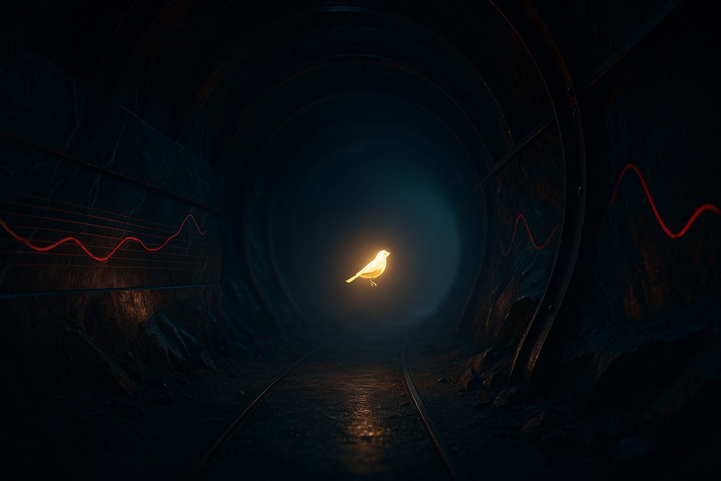 Glowing canary in dark tunnel with red warning waveforms on walls symbolizing early attention signals Glowing canary in dark tunnel with red warning waveforms on walls symbolizing early attention signals