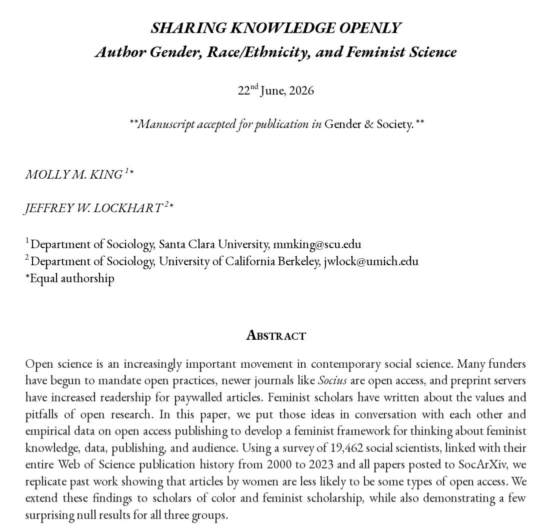 Abstract Open science is an increasingly important movement in contemporary social science. Many funders have begun to mandate open practices, newer journals like Socius are open access, and preprint servers have increased readership for paywalled articles. Feminist scholars have written about the values and pitfalls of open research. In this paper, we put those ideas in conversation with each other and empirical data on open access publishing to develop a feminist framework for thinking about feminist knowledge, data, publishing, and audience. Using a survey of 19,462 social scientists, linked with their entire Web of Science publication history from 2000 to 2023 and all papers posted to SocArXiv, we replicate past work showing that articles by women are less likely to be some types of open access. We extend these findings to scholars of color and feminist scholarship, while also demonstrating a few surprising null results for all three groups.