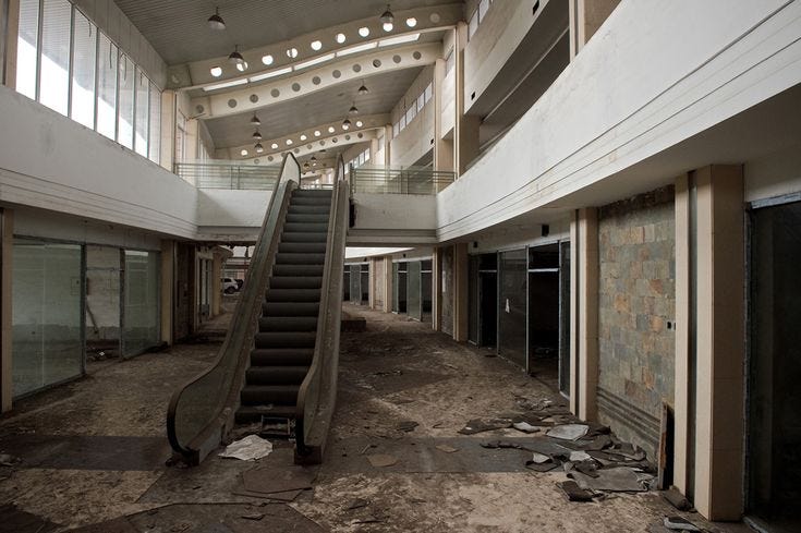 This may contain: an empty building with stairs leading up to the second floor
