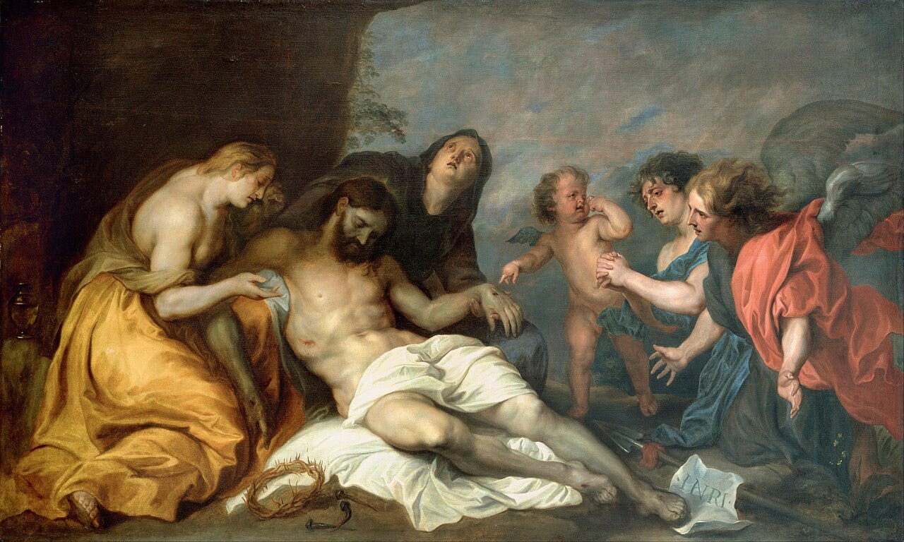 The Virgin lifts her tear stained face to heaven over the pale body of Christ The Virgin lifts her tear stained face to heaven over the pale body of Christ