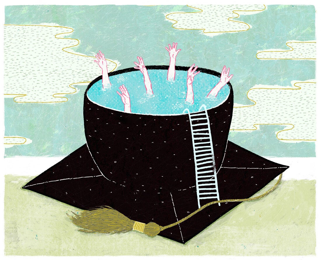 An illustration depicting college graduates drowning in a mortarboard cap full of water.