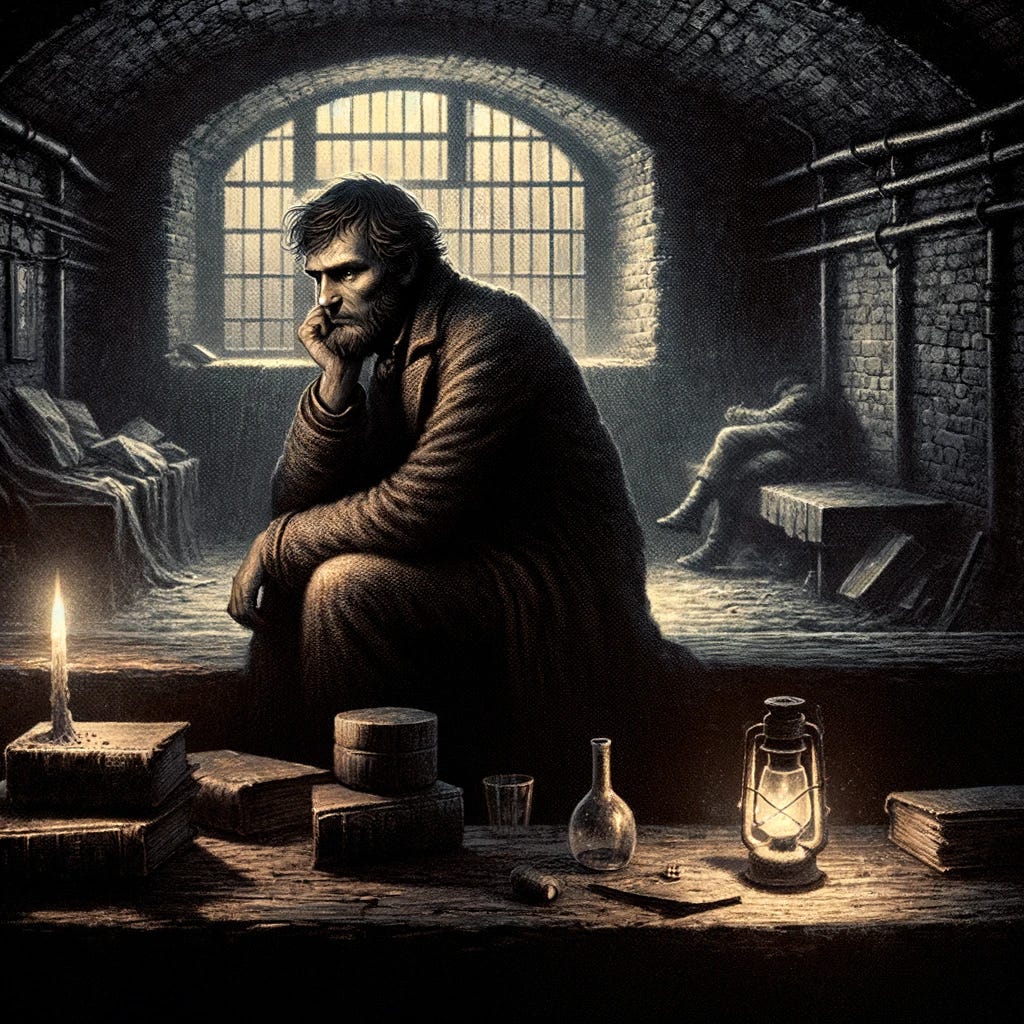 the image inspired by "Notes from Underground" by Fyodor Dostoevsky. The illustration features the Underground Man in a dimly lit room, capturing his introspective nature and the existential themes of the novella. Elements like old books and a flickering candle enhance the atmosphere, reflecting the dark and reflective mood of the story. the image inspired by "Notes from Underground" by Fyodor Dostoevsky. The illustration features the Underground Man in a dimly lit room, capturing his introspective nature and the existential themes of the novella. Elements like old books and a flickering candle enhance the atmosphere, reflecting the dark and reflective mood of the story.