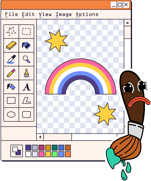 Illustration of a sad paintbrush standing in front of a software user interface, symbolizing the confusion between art and usability.