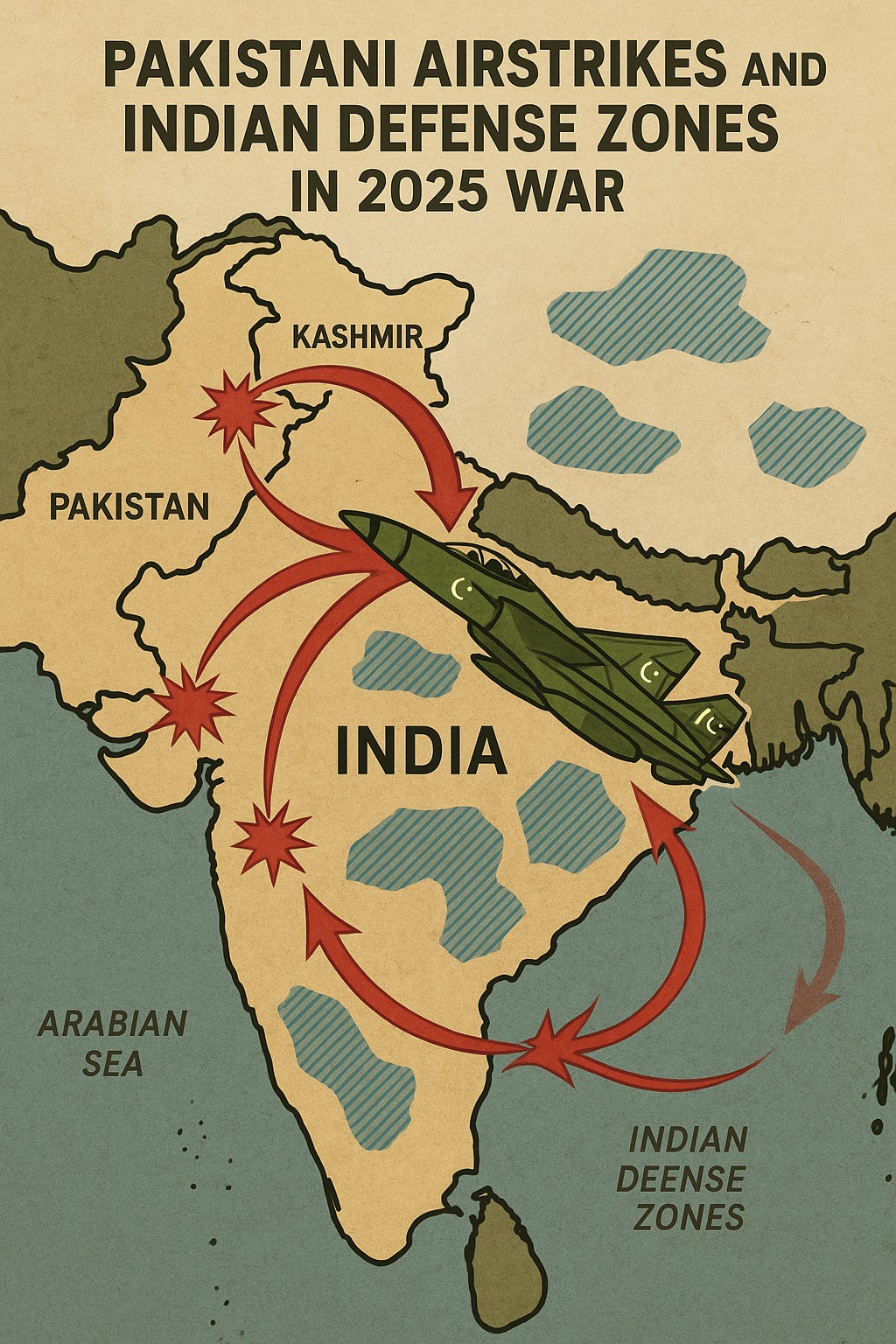 "Strategic military map showing Pakistani airstrikes, Indian airbases, and regional borders during the 2025 Pahalgam conflict."