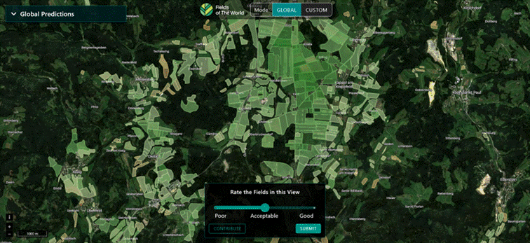Titel: Fields of The World Explorer App - Beschreibung: Screenshot of the Fields of The World Explorer App in Global Predictions mode, showing a satellite basemap over a rural area near Kappel am Krappfeld, Austria, with green and tan polygons outlining detected agricultural field boundaries. A GLOBAL/CUSTOM mode toggle sits at top center, and a “Rate the Fields in this View” feedback panel with a Poor/Acceptable/Good slider appears at bottom. Titel: Fields of The World Explorer App - Beschreibung: Screenshot of the Fields of The World Explorer App in Global Predictions mode, showing a satellite basemap over a rural area near Kappel am Krappfeld, Austria, with green and tan polygons outlining detected agricultural field boundaries. A GLOBAL/CUSTOM mode toggle sits at top center, and a “Rate the Fields in this View” feedback panel with a Poor/Acceptable/Good slider appears at bottom.