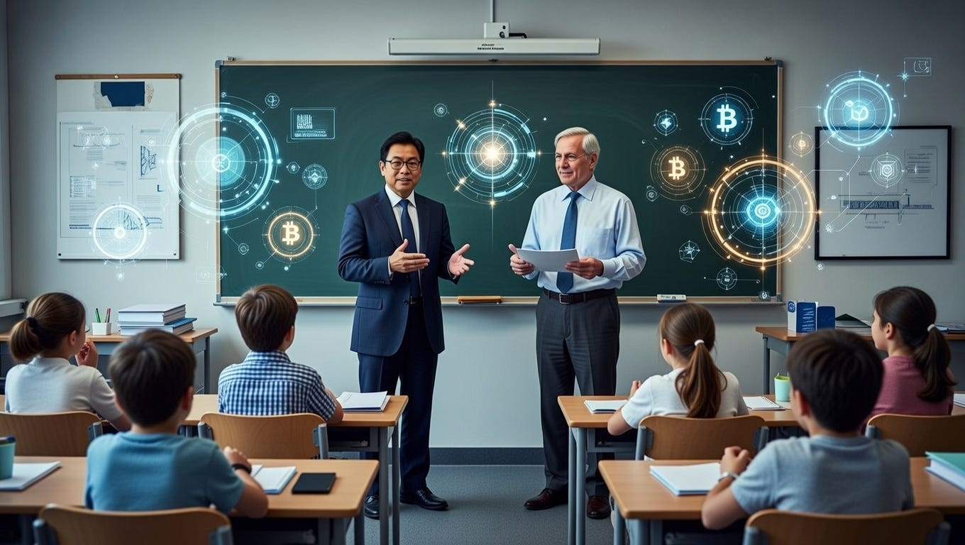 Ray Dalio and Robert Kiyosaki teaching financial education in a classroom, standing in front of a chalkboard with Bitcoin symbols and economic charts Ray Dalio and Robert Kiyosaki teaching financial education in a classroom, standing in front of a chalkboard with Bitcoin symbols and economic charts