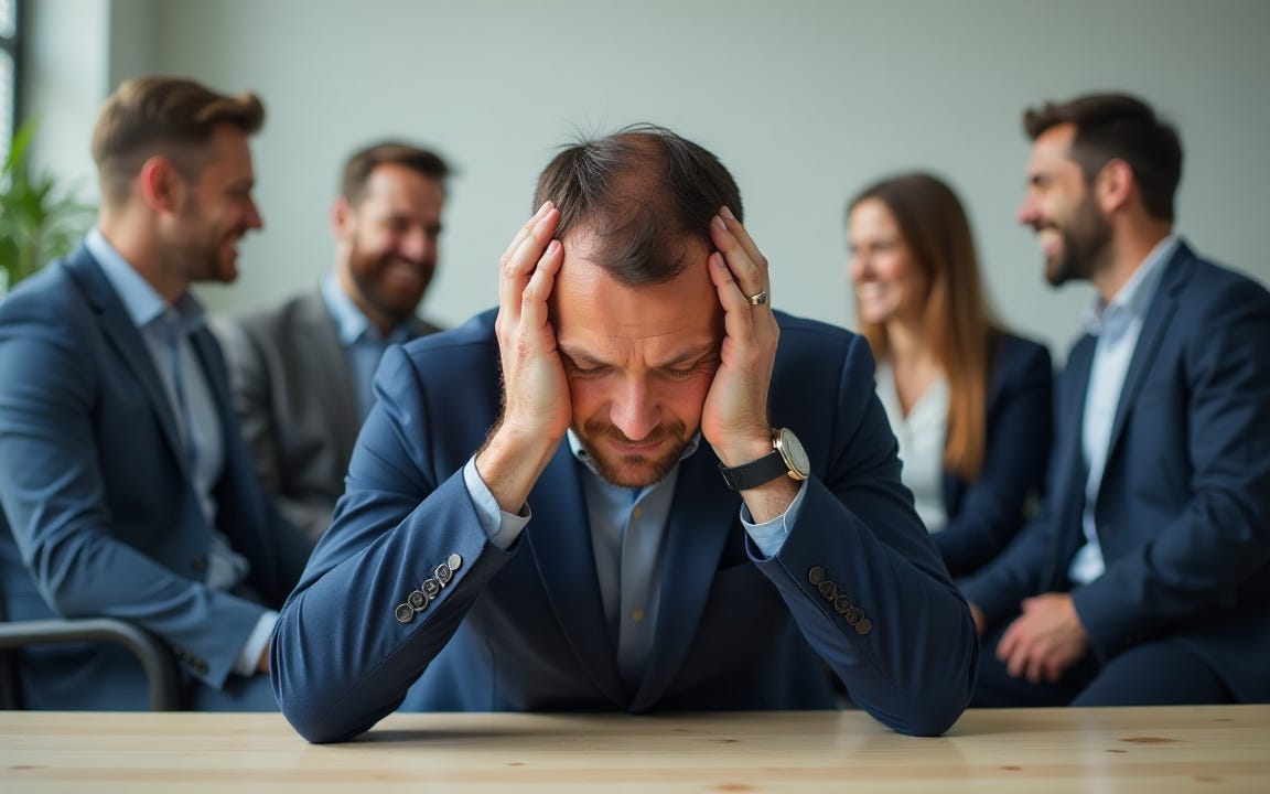 Frustrated businessman holding his head in a meeting while colleagues in the background laugh, symbolizing hiring and financial stress. Frustrated businessman holding his head in a meeting while colleagues in the background laugh, symbolizing hiring and financial stress.