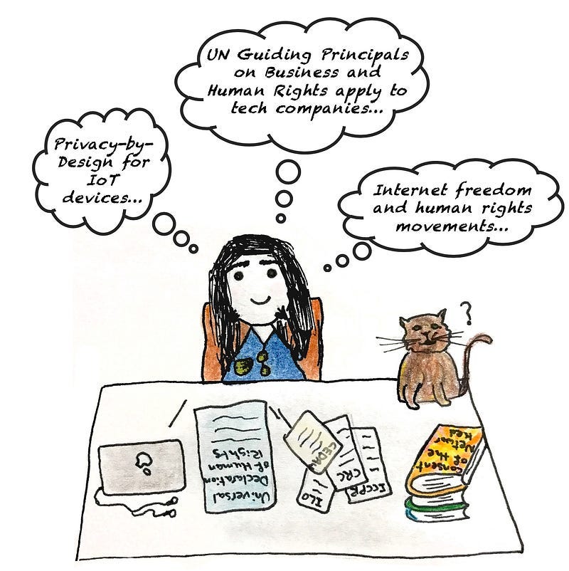 Roya at her desk studying human rights & tech: privacy-by-design for IoTs, Internet freedom, UN treaties