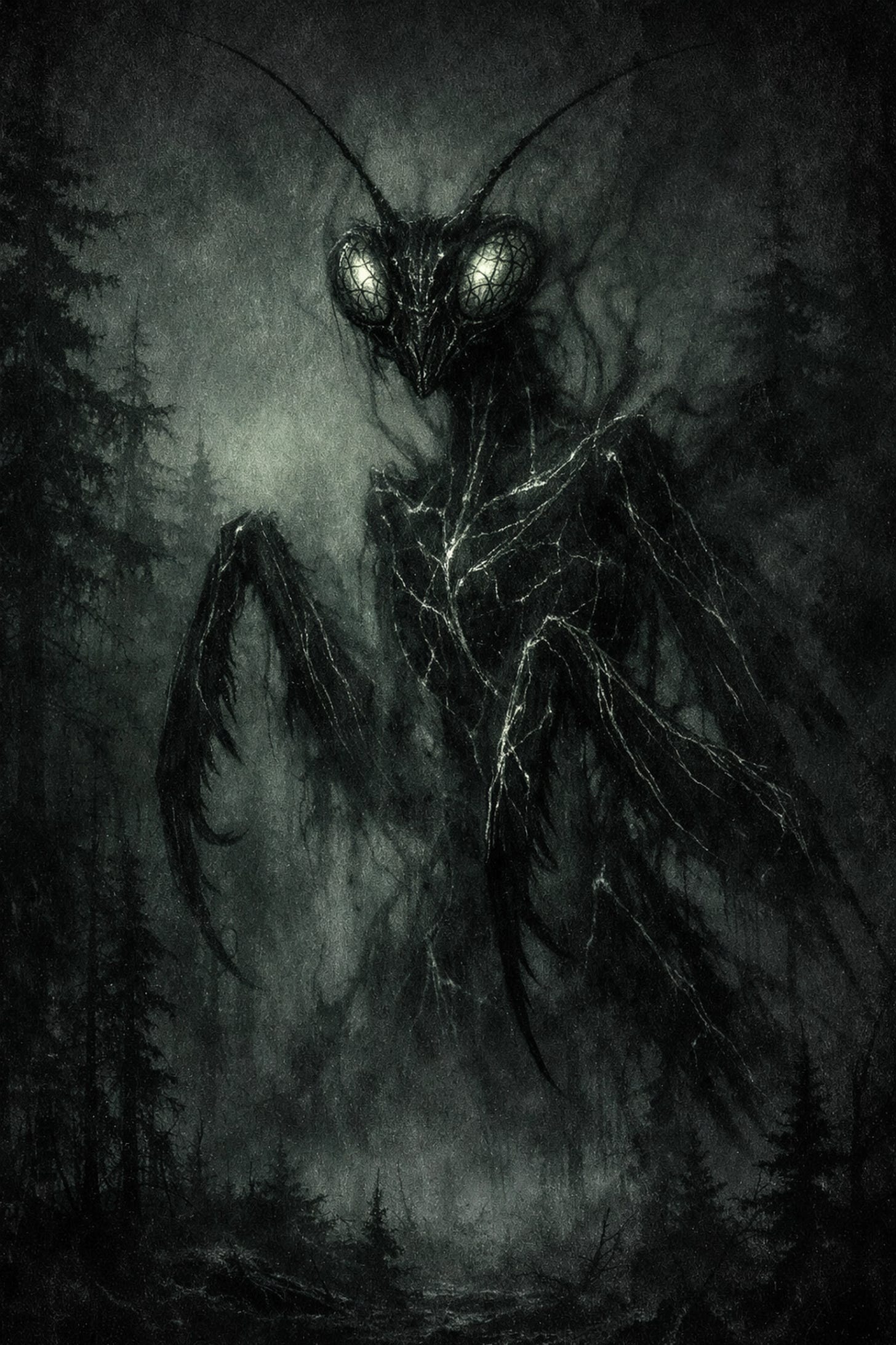 A haunting Mantis entity in a foggy forest, depicting the spiritual nature of non-human intelligences.