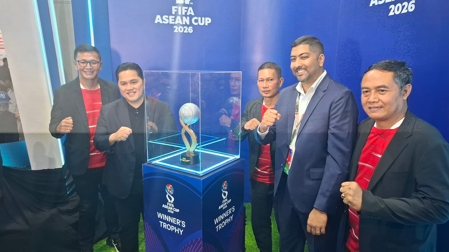 Indonesian Youth and Sports Minister Erick Thohir, FIFA Lead Regional Office for East and Southeast Asia Lavin Vignesh, and three legends of the Indonesian national football team unveil the FIFA ASEAN Cup trophy for the Premier Division Indonesian Youth and Sports Minister Erick Thohir, FIFA Lead Regional Office for East and Southeast Asia Lavin Vignesh, and three legends of the Indonesian national football team unveil the FIFA ASEAN Cup trophy for the Premier Division