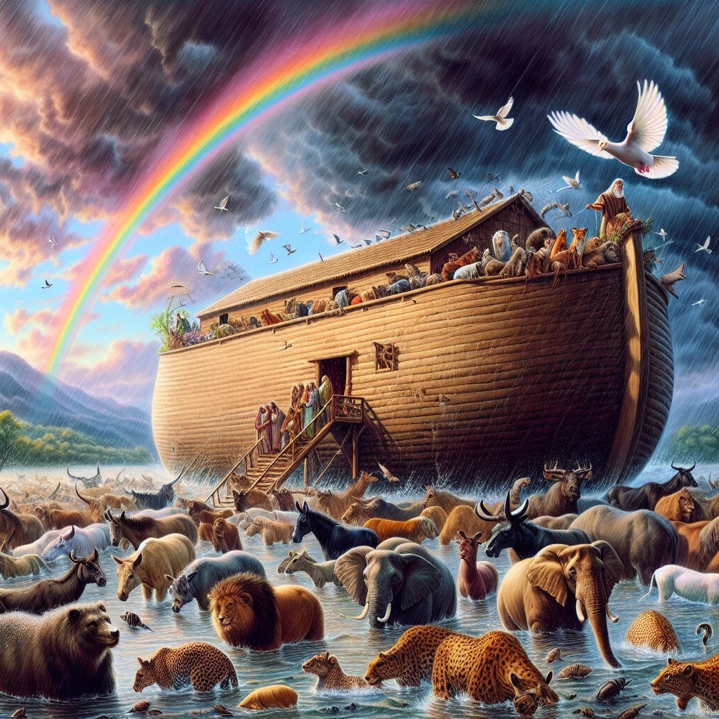 Noah, ark, rain, dove, animals, boat, rainbow,hevan

Illustrate a devoutly Christian scene set in Biblical times. Picture Noah's Ark as a classic wooden boat filled with a myriad of animals of different species, ranging from the smallest insects to towering elephants. Imagine the sky darkening, with thick raindrops beginning to fall, hinting at the impending deluge. Above it all flies a solitary dove, a beacon of hope against the tumultuous sky. In the distance, as the rain subsides, a radiant rainbow arcs across the heavens in a vibrant array of colors. The medium inspiration for this art is digital.