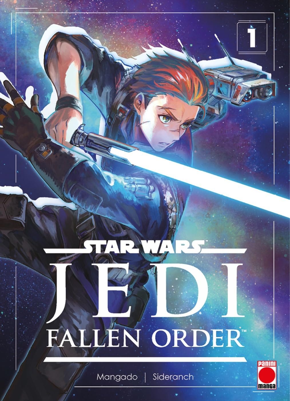 Manga-style cover of Star Wars Jedi: Fallen Order Volume 1, featuring protagonist Cal Kestis wielding a glowing blue lightsaber in a dynamic pose against a colorful cosmic background. A small droid, BD-1, is perched on his back, and the cover includes the Panini Manga logo along with credits to Mangado and Sideranch. The artwork merges Star Wars sci-fi aesthetics with energetic anime-inspired visuals.