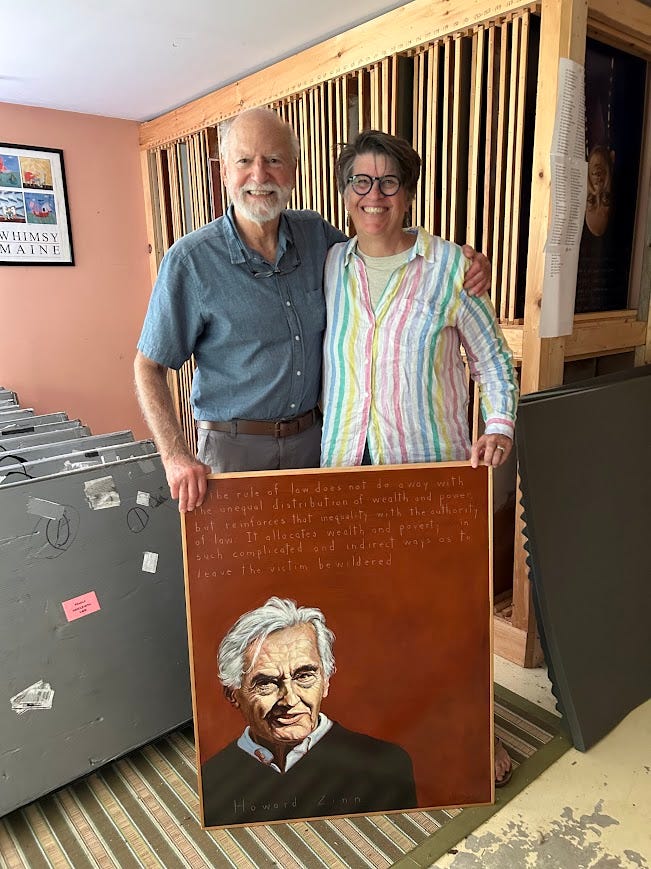 Each photo is a picture of Rob Shetterly standing with Jean and a painting on the left, and Rob with Pat and a painting of Howard Zinn on the right