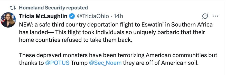 NEW: a safe third country deportation flight to Eswatini in Southern Africa has landed— This flight took individuals so uniquely barbaric that their home countries refused to take them back. These depraved monsters have been terrorizing American communities but thanks to POTUS Trump Sec Noem they are off of American soil.