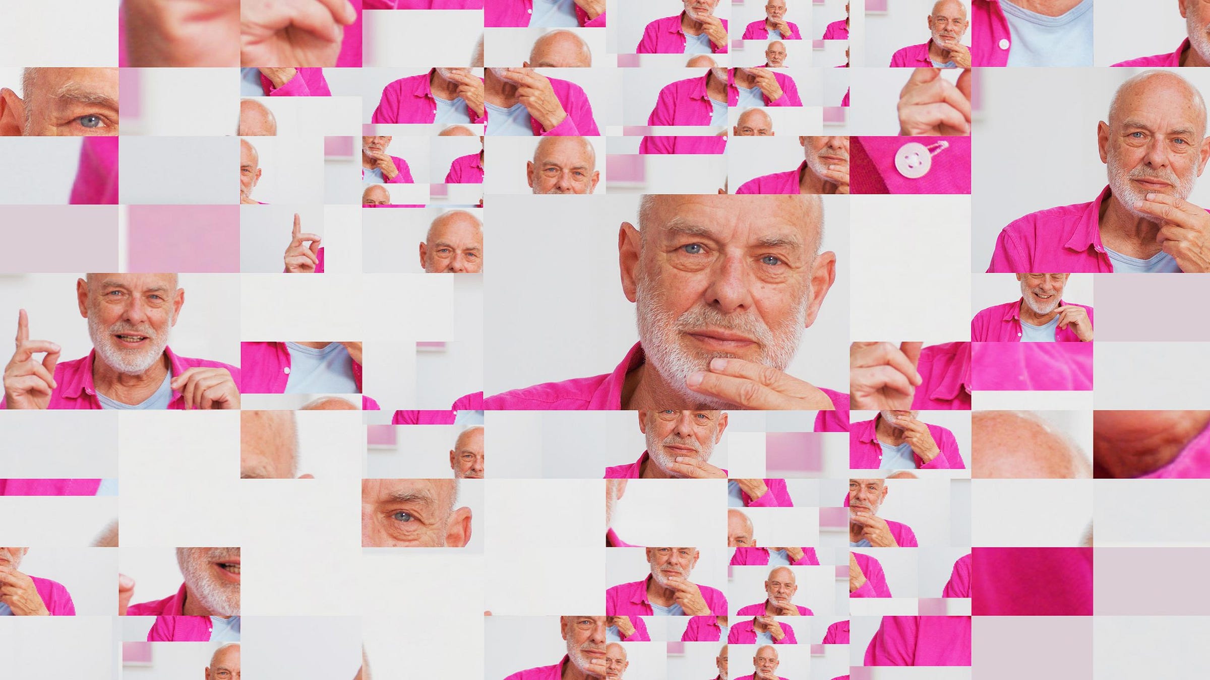 A visually fragmented image featuring a man with a white beard and short hair, wearing a bright pink shirt over a light blue shirt. The image is composed of multiple overlapping and repeating sections, creating a mosaic or collage effect. The man is shown in various close-up and mid-range poses, including gestures with his hands near his face, against a plain white background.