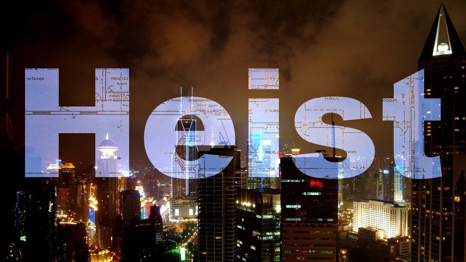the title "Heist" in a blueprint font superimposed over a night cityscape.