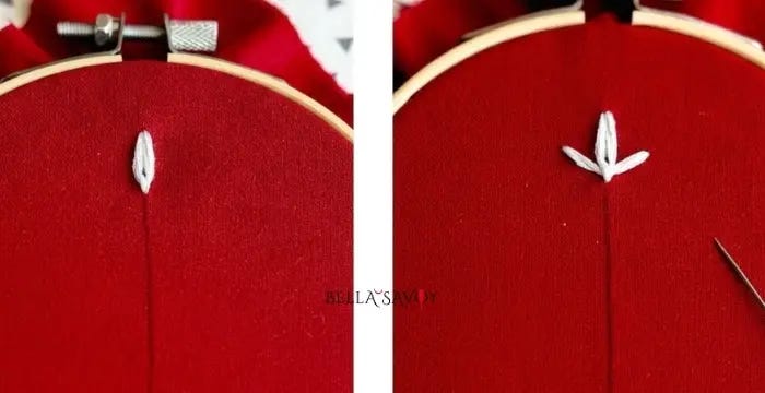 Cute Tulip Stitch Tutorial 103 red hooped fabric. Left side is a lazy daisy stitch. Right side is adding to the lazy daisy to make the tulip stitch