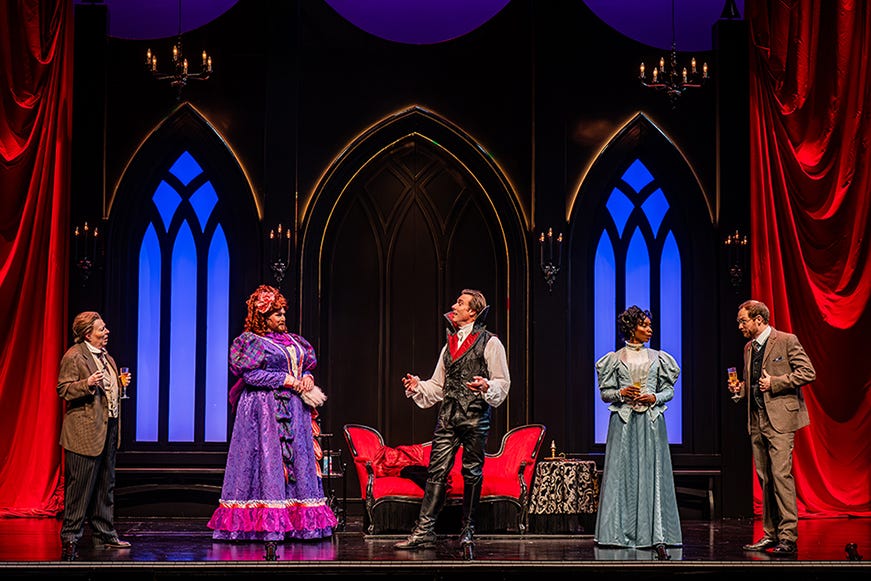 Nora McLellan, Constant Bernard, Jesse Gervais, Reena Jolly, and Nathan Howe in Dracula A Comedy of Terrors at the Grand Theatre. Nora McLellan, Constant Bernard, Jesse Gervais, Reena Jolly, and Nathan Howe in Dracula A Comedy of Terrors at the Grand Theatre.