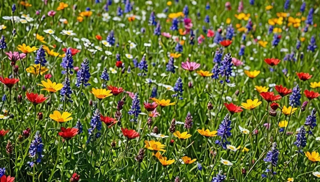 Behold a stunning field of wildflowers, illuminated by the warm rays of the sun. While admiring the vibrant colors and natural beauty, please be mindful of potential allergies.