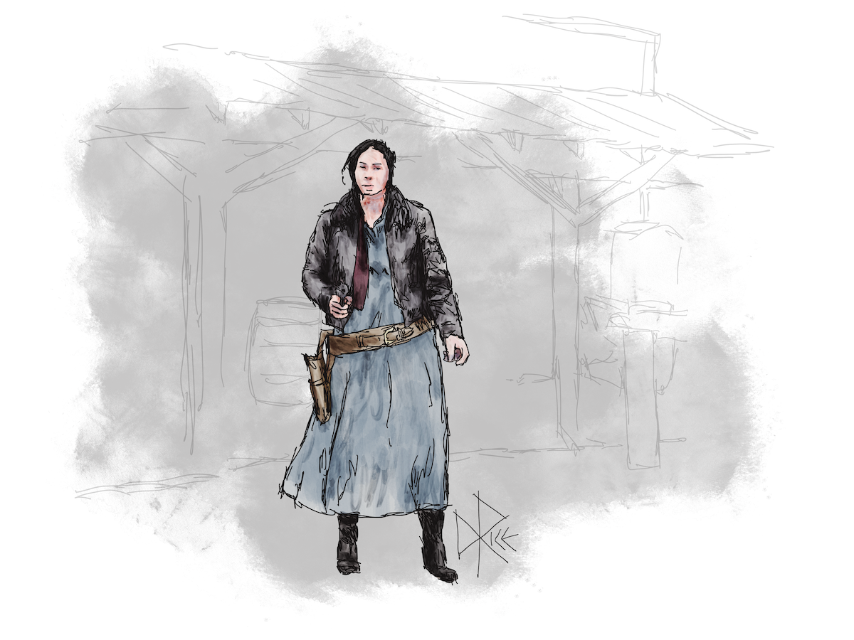 Wearing a jacket over her blue dress and a gun belt on her hip, with her gun drawn and ready to shoot, a woman stands on the dirt road in front of an old western business. Sketch art by Don Rice. Wearing a jacket over her blue dress and a gun belt on her hip, with her gun drawn and ready to shoot, a woman stands on the dirt road in front of an old western business. Sketch art by Don Rice.
