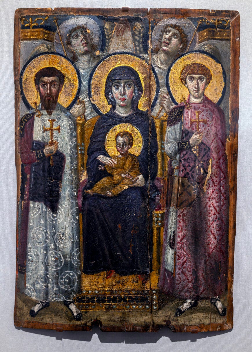 Virgin (Theotokos) and Child between Saints Theodore and George, 6th or early 7th century, encaustic on wood, 68.5 x 49.5 cm (Saint Catherine's Monastery, Sinai, Egypt; photo: Steven Zucker, CC BY-NC-SA 2.0) Virgin (Theotokos) and Child between Saints Theodore and George, 6th or early 7th century, encaustic on wood, 68.5 x 49.5 cm (Saint Catherine's Monastery, Sinai, Egypt; photo: Steven Zucker, CC BY-NC-SA 2.0)