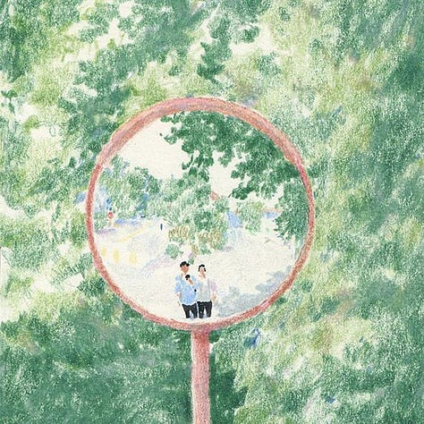A collage of seven soft, dreamlike paintings by Lee Kyutae depicting quiet streets, blue skies, a reflective pond, a long bookshop, a circular street mirror, a riverside path, and a busy city scene, all rendered in pale greens, blues, and whites.