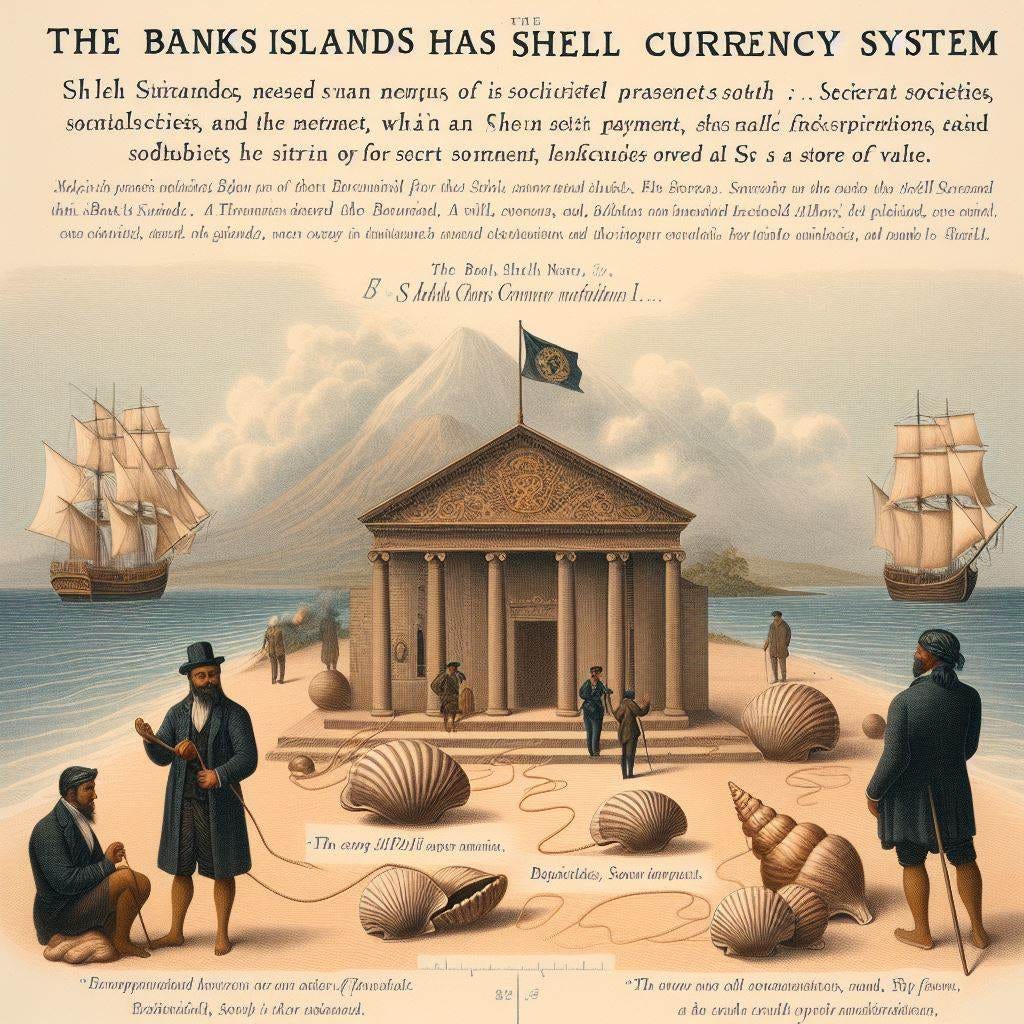 The Banks Islands had a sophisticated shell currency system linked to secret societies. Shell strings, measured by length, were used for transactions, social payments, and as a store of value