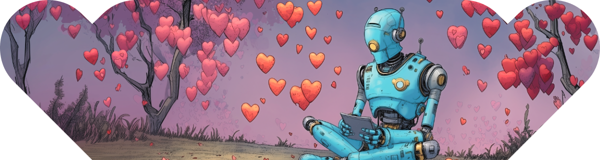 Blue humanoid robot sitting cross-legged on a forest floor while reading a tablet, surrounded by trees with heart-shaped leaves floating in the air against a purple and pink sky.