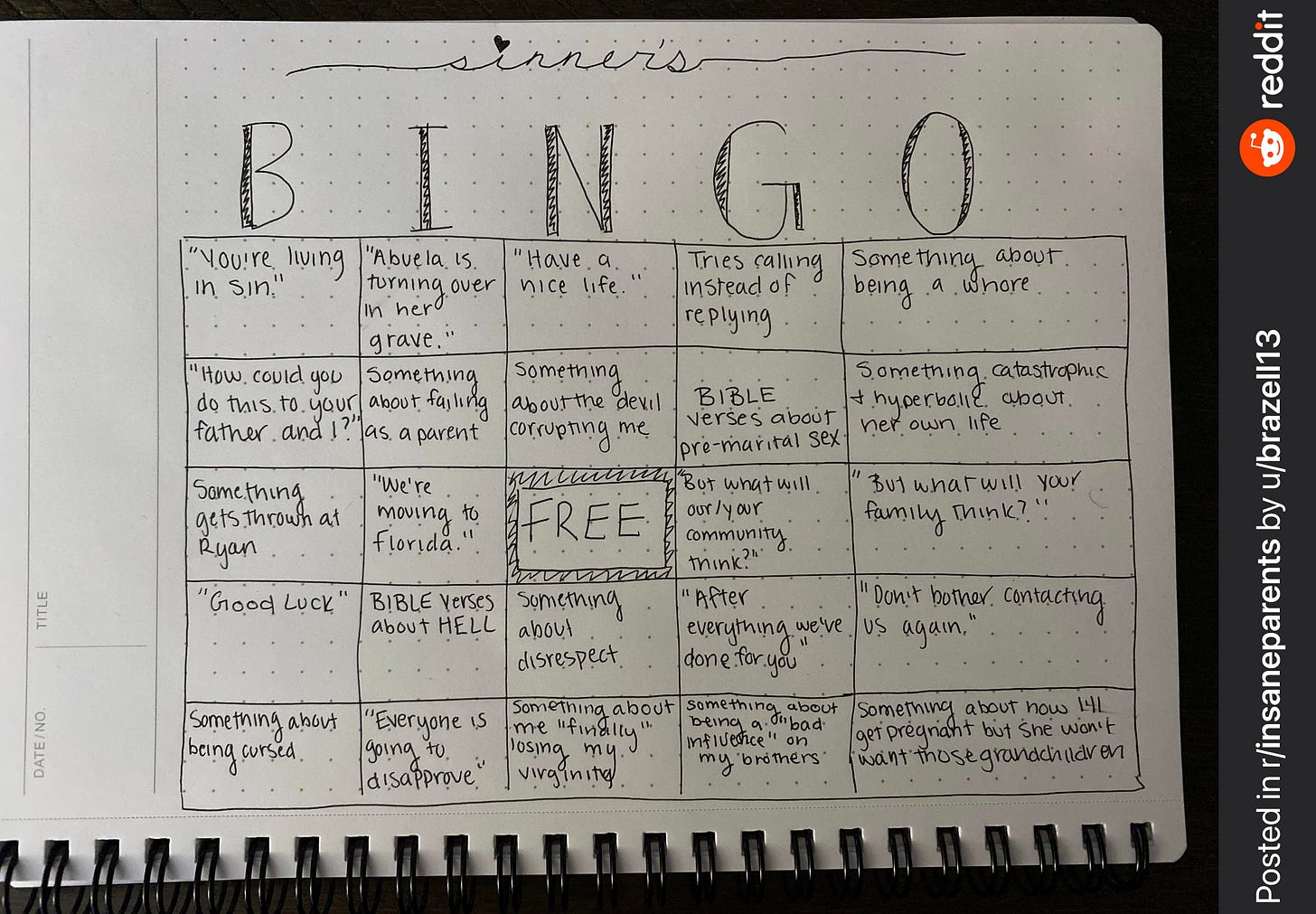 Hand drawn Sinner's Bingo sheet of paper uploaded to Reddit