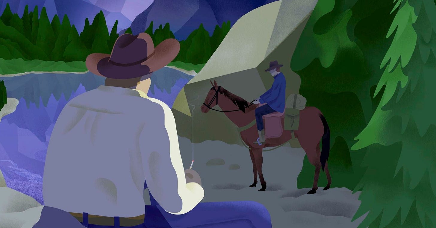 An illustration of two figures in cowboy hats and a distant mountain