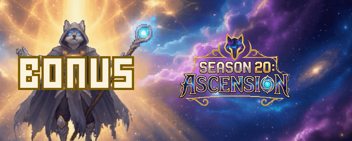 A mystical cat figure in a robe holds a staff, surrounded by a cosmic backdrop, promoting season 20 titled "Ascension."