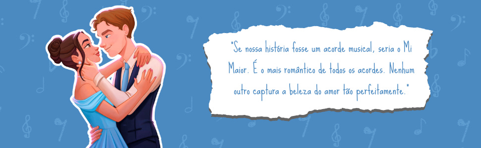 Ilustração de um casal se abraçando. Fundo azul, com diversos símbolos de letra de música.