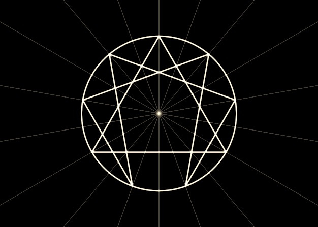 A white geometric Enneagram figure — a circle crossed by a triangle and six-pointed inner lines — radiating outward from a central point on a black background, symbolizing the ninefold laws of creation and the movement between spirit and matter.